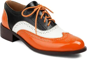 Women's Perforated Classic Lace-up Oxfords Brogue Wingtip Round Toe Derby Saddle Faux Leather Flat Shoes Evening Party Work Jeans Dress Shoes