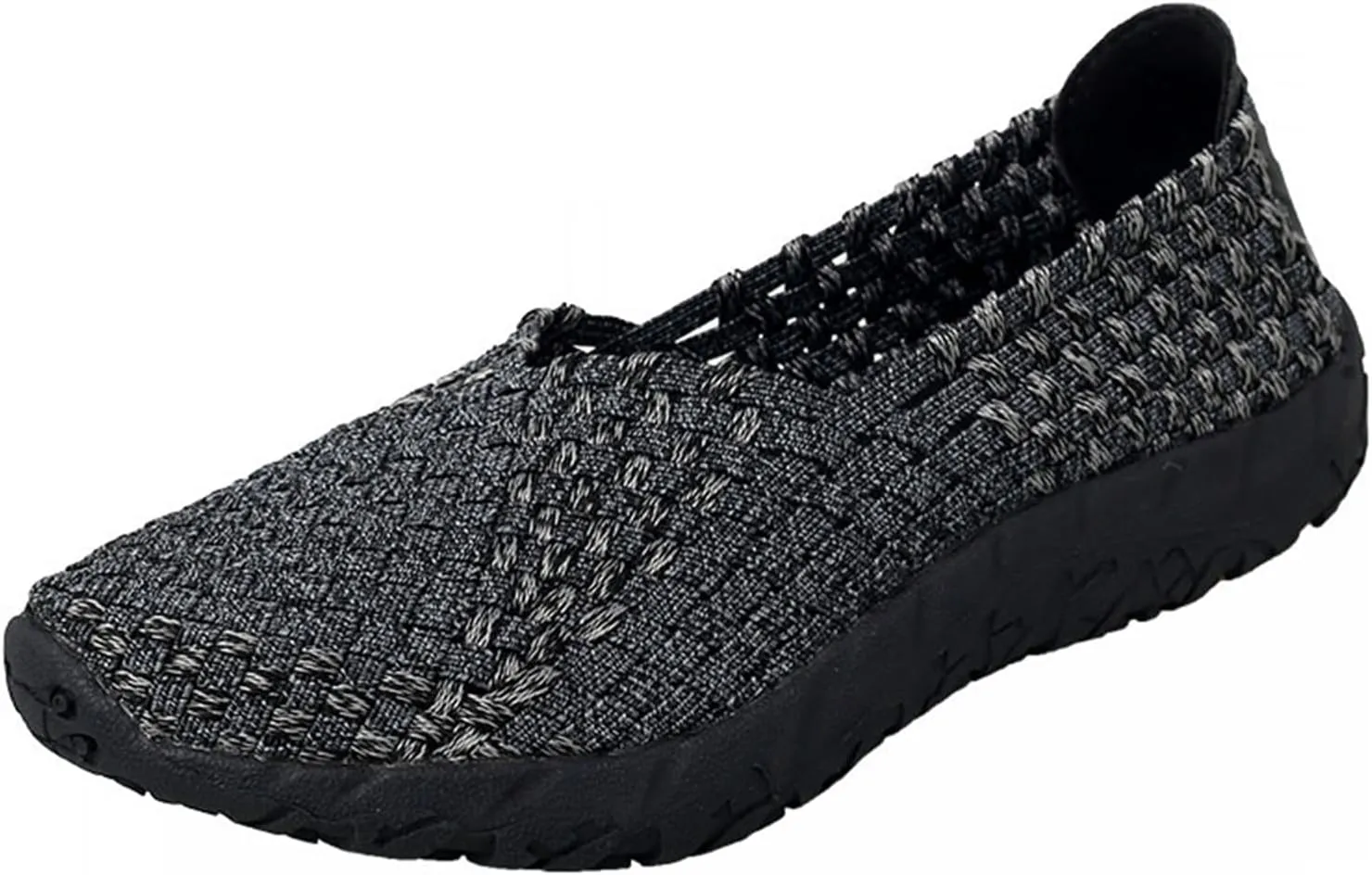 Women's Sidewalk Slip on Flat Elastic Woven Walking Shoes Lightweight Breathable Mesh Walking Sneakers Running Shoes