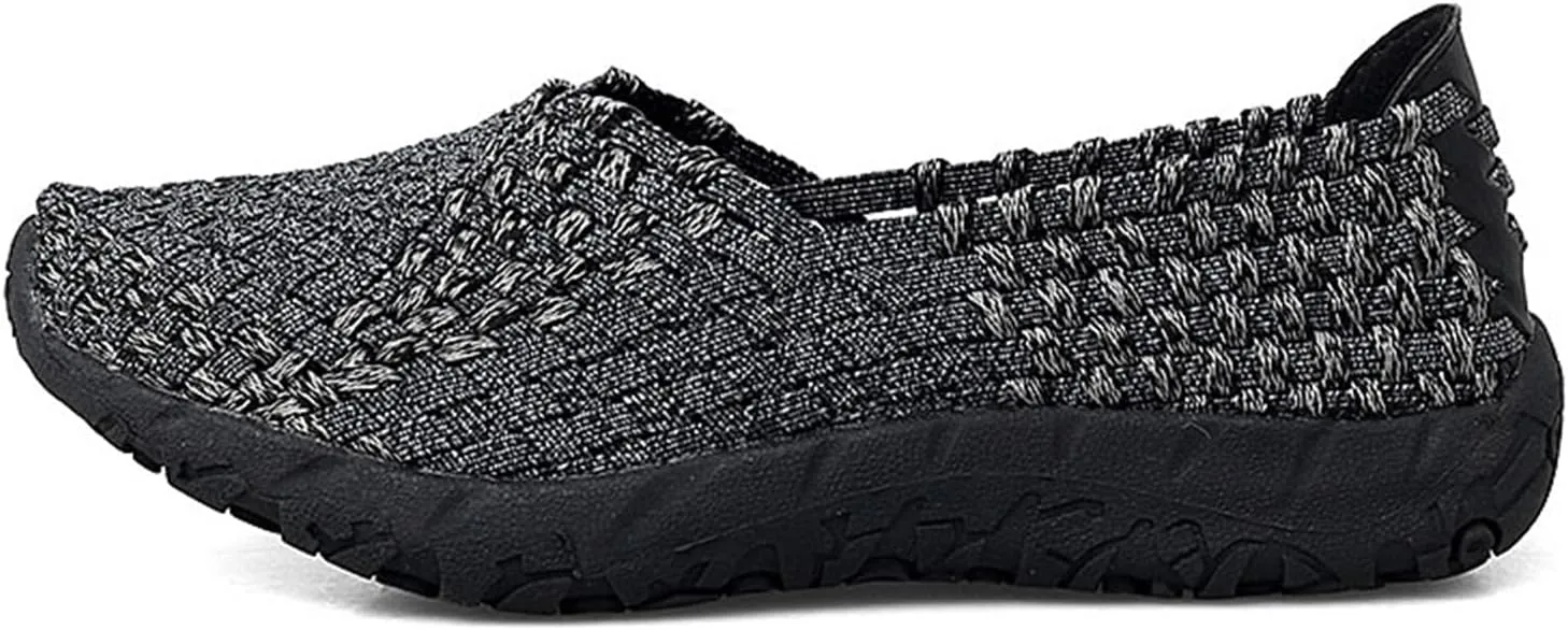 Women's Sidewalk Slip on Flat Elastic Woven Walking Shoes Lightweight Breathable Mesh Walking Sneakers Running Shoes