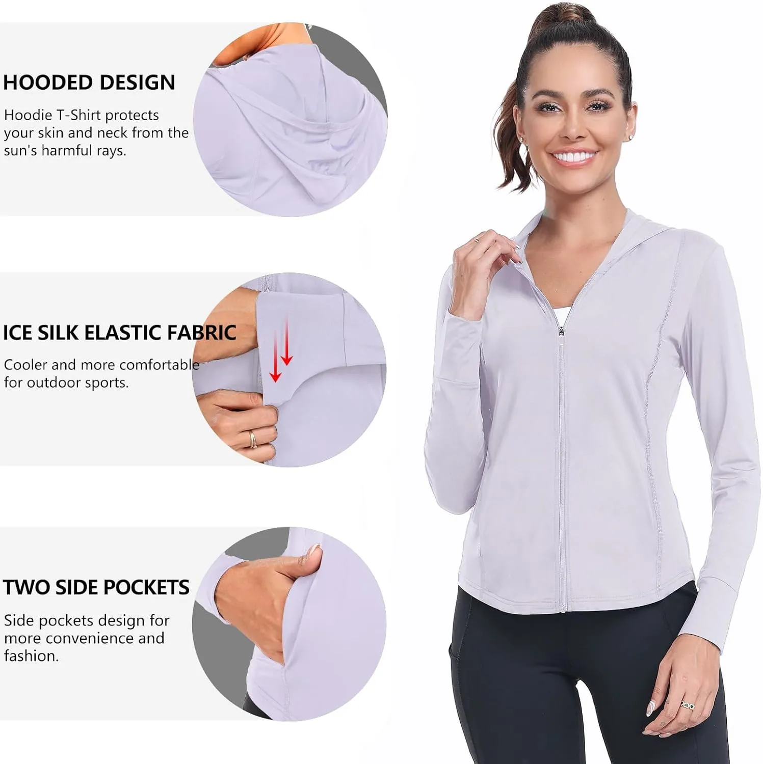 Womens Sun Protection Hooded Jackets Lightweight Quick Dry UPF 50  Long Sleeve Sun Shirts Hiking Running Athletic Tops