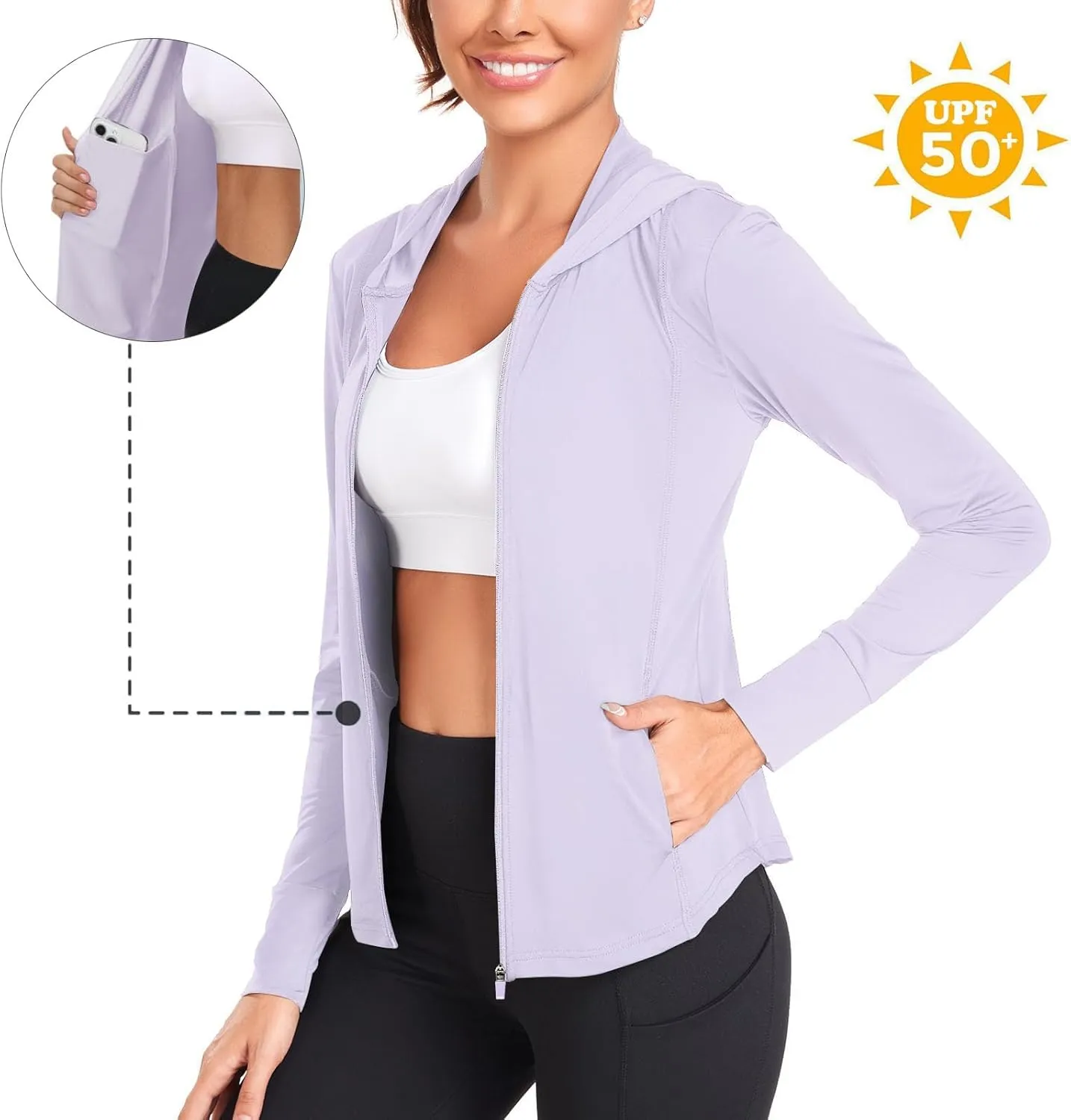 Womens Sun Protection Hooded Jackets Lightweight Quick Dry UPF 50  Long Sleeve Sun Shirts Hiking Running Athletic Tops