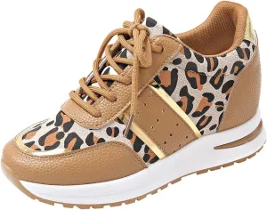 Women's Wedge Leopard Print Sports Shoes Closed Head Sneakers Heeled Womens Fashion Shoes Lightweight Casual Lace-up Outdoor Cute Sport Shoe