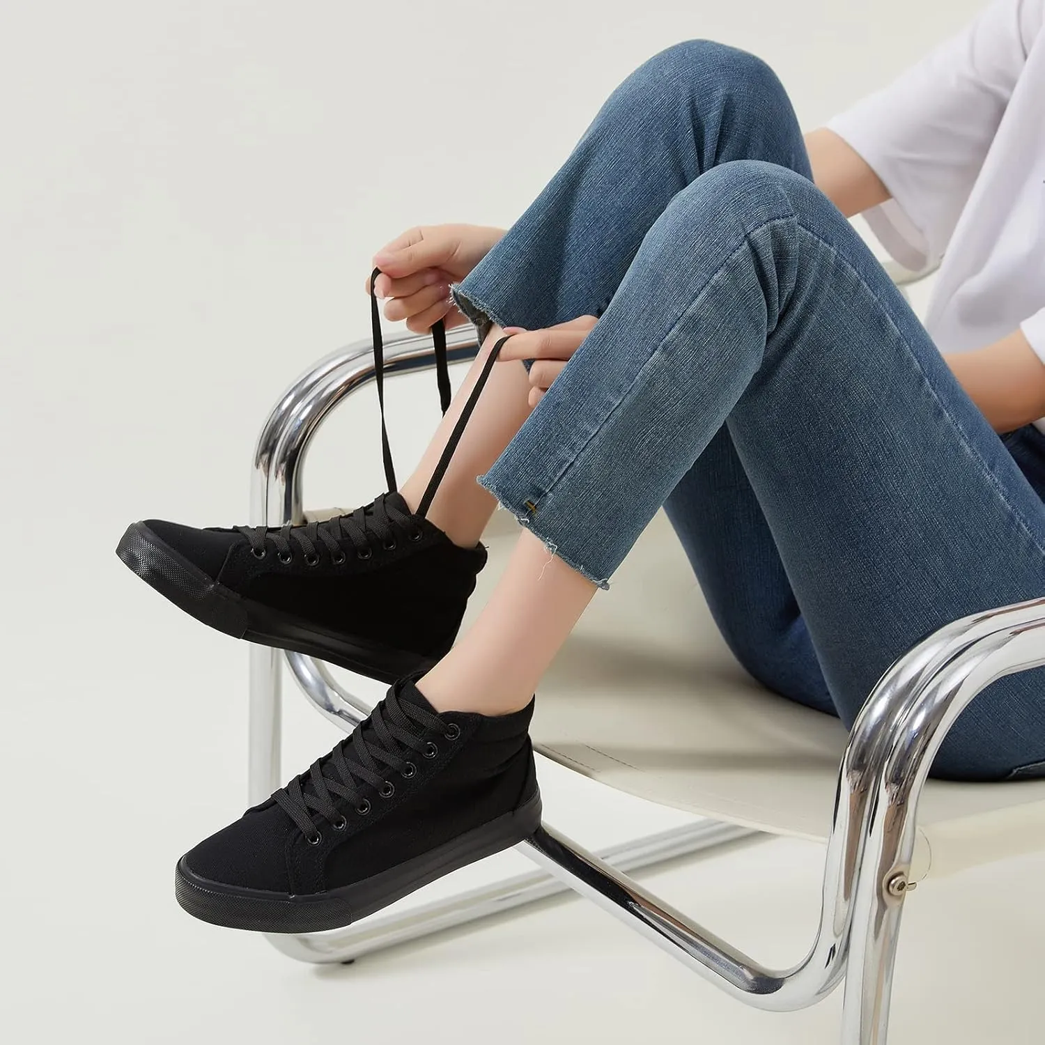 XRH Women Black Canvas High Tops Sneaker for Walking,White Non Slip Hi Top Lace up Shoes,Casual Fashion Mid Top Sneaker(Comfortable,Breathable,Trendy)