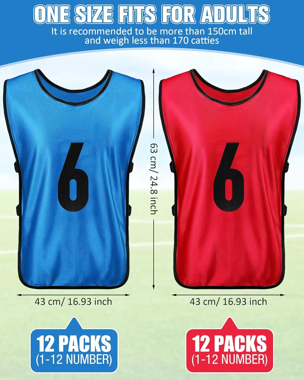 Yahenda 24 Pcs Sports Pinnies Soccer Scrimmage Practice Vests Numbered Soccer Team Pennies with Belt for Adult