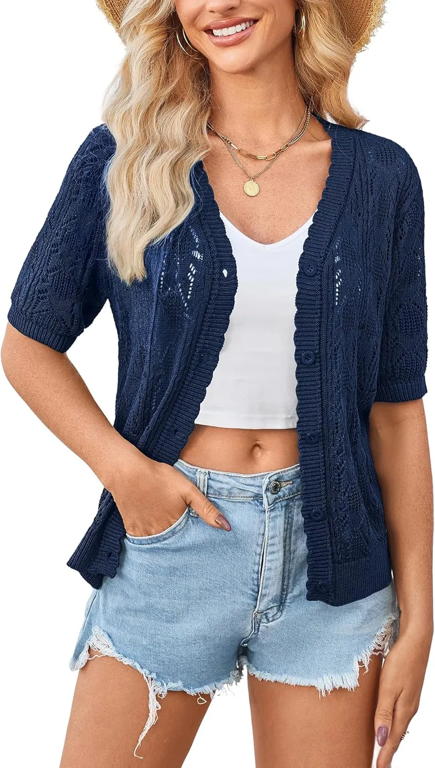 Yekaty Womens 2025 Short Sleeve Crochet Summer Cardigan Cropped Button Sweater Lightweight Shrug for Dress