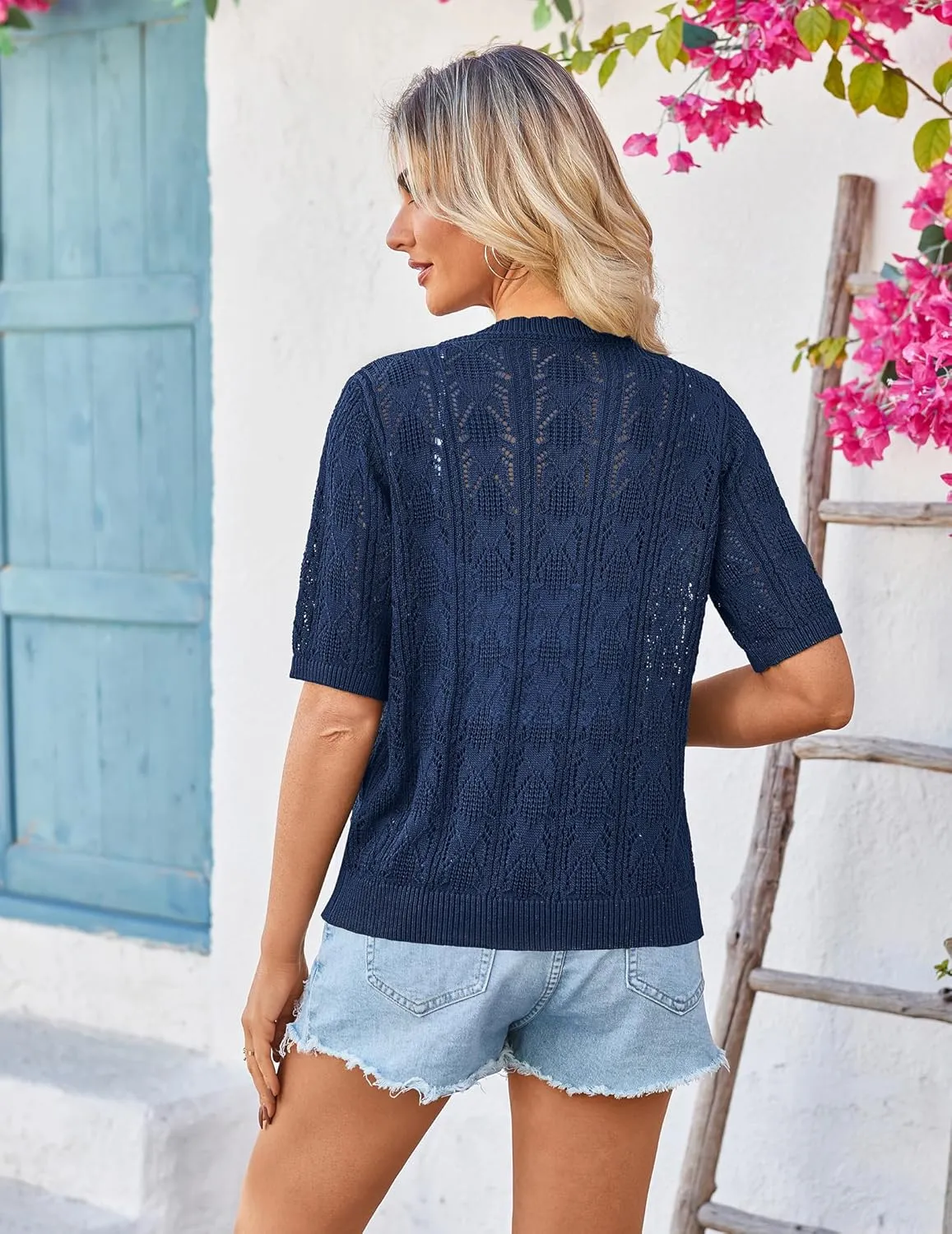 Yekaty Womens 2025 Short Sleeve Crochet Summer Cardigan Cropped Button Sweater Lightweight Shrug for Dress