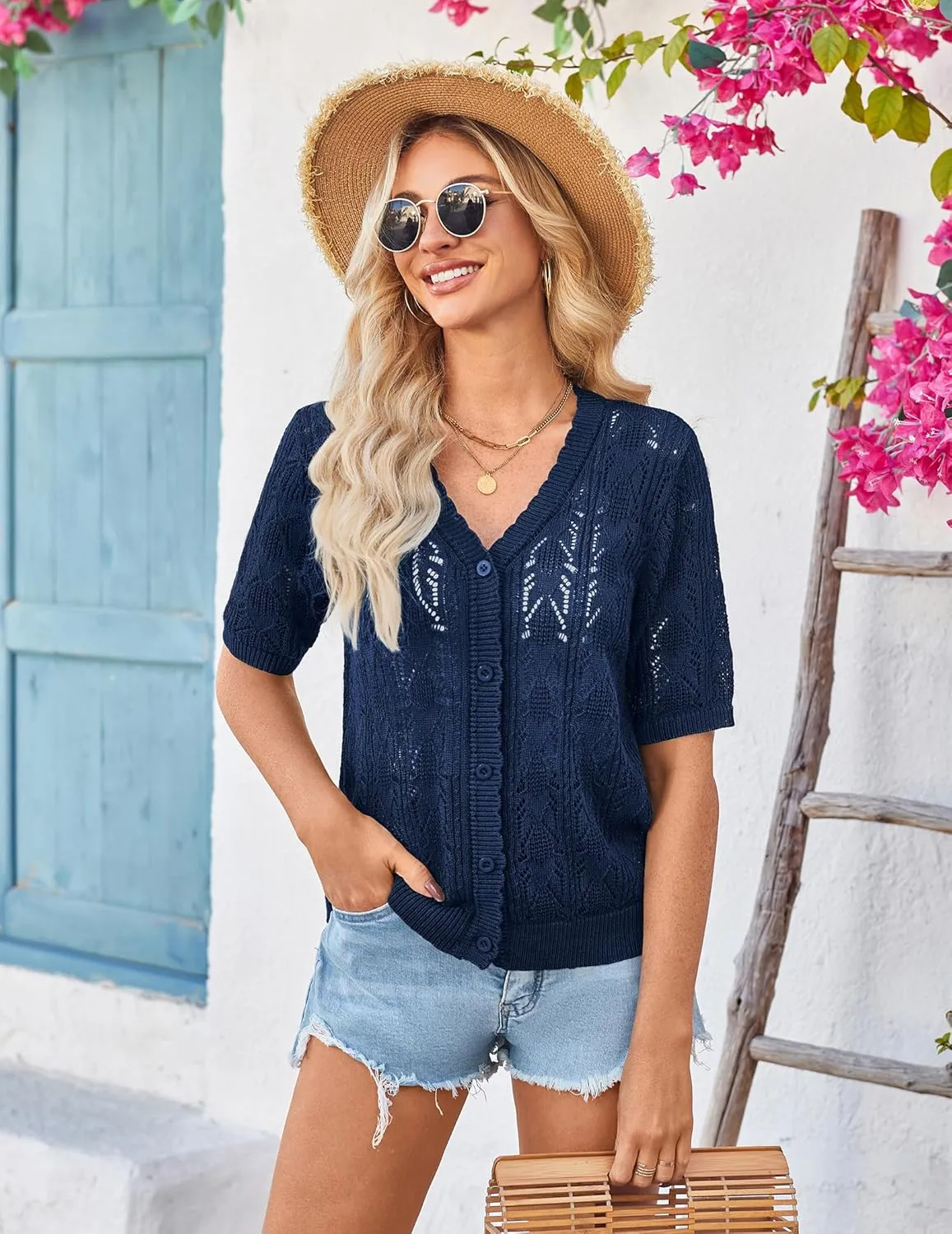 Yekaty Womens 2025 Short Sleeve Crochet Summer Cardigan Cropped Button Sweater Lightweight Shrug for Dress