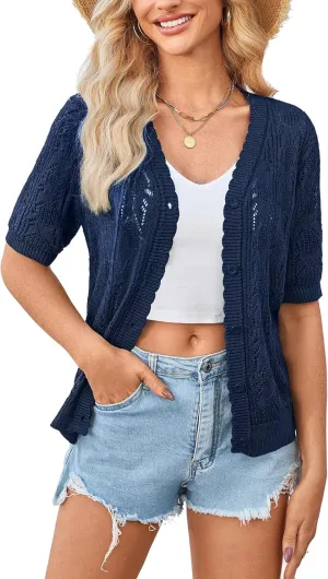 Yekaty Womens 2025 Short Sleeve Crochet Summer Cardigan Cropped Button Sweater Lightweight Shrug for Dress