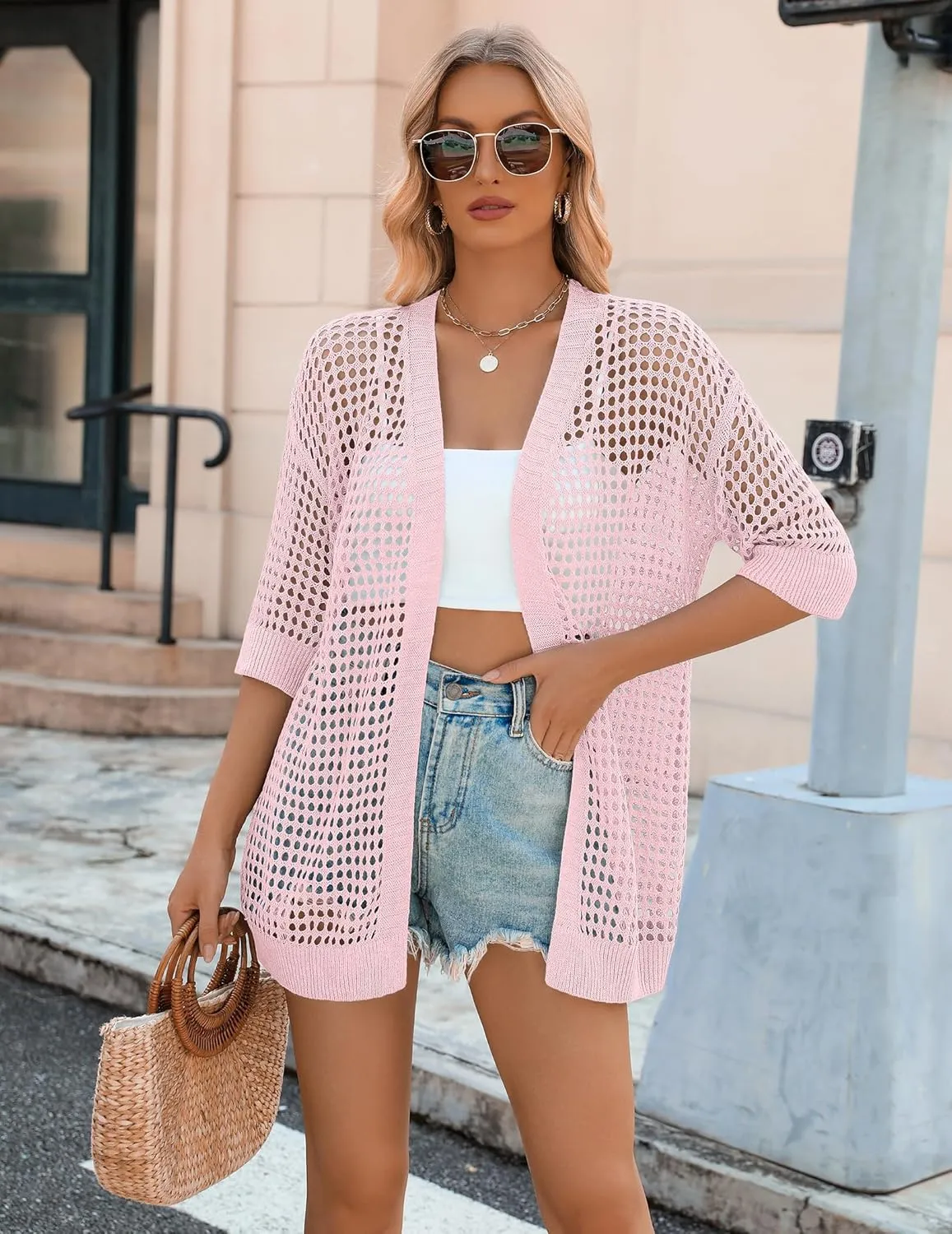 Zeagoo Women's 2025 Summer Crochet Lightweight Cardigan Short Sleeve Boho Kimono Oversized Open Front Sweater Tops
