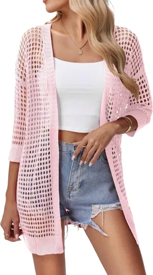 Zeagoo Women's 2025 Summer Crochet Lightweight Cardigan Short Sleeve Boho Kimono Oversized Open Front Sweater Tops